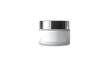 Cosmetic cream jar with silver lid and white label sits against a stark black background, showcasing minimalist design and product presentation, suitable for beauty and skincare advertisements,...