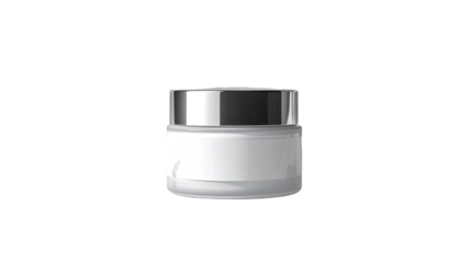 Cosmetic cream jar with silver lid and white label sits against a stark black background, showcasing minimalist design and product presentation, suitable for beauty and skincare advertisements,...