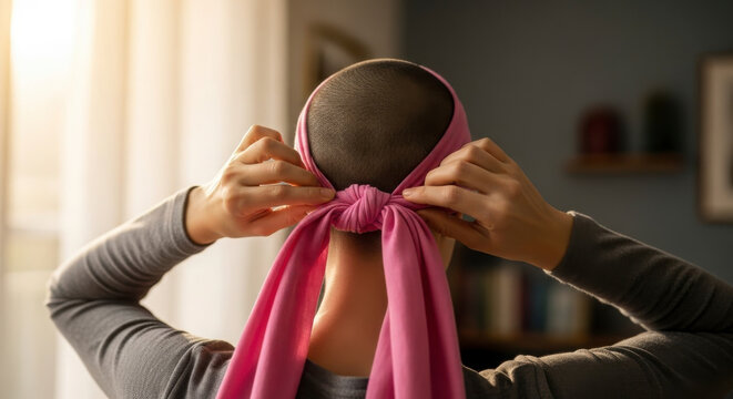 Woman with alopecia ties a pink headscarf with both hands while looking out a window