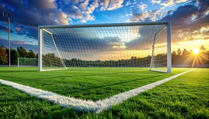 Fototapeta premium Sunrise Over Soccer Goal on Lush Green Field with Dramatic Clouds