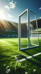 Naklejka premium Dynamic Soccer Goal in Illuminated Stadium with Lush Grass