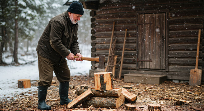Elderly man chopping wood in winter outside rustic cabin   - Powered by Adobe