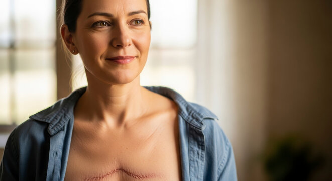 Woman displays chest scar after heart surgery courage and resilience