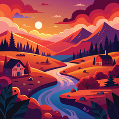 Scenic Mountain Valley Illustration With Cascading Waterfalls, Sparkling Lakes, Towering Pine Forests, Winding Roads, And A Serene Wooden Cabin Set Into The Green Countryside Hills