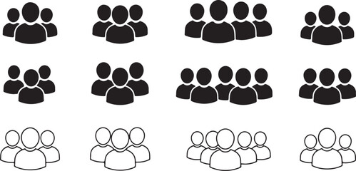 PrintGroup icon set, people silhouette vector, teamwork concept, social interaction, black and outline design, community symbol, UI graphic