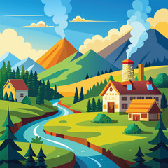 Naklejka premium Pastel Sunset River Valley Scene With Reflective Water, Rolling Orange And Purple Hills, Pine Trees In Silhouette, And A Small Wooden House With Glowing Windows Blending Into The Golden Landscape Colo