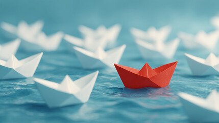 Single red paper boat among many white boats floating on blue water, concept of leadership and individuality.