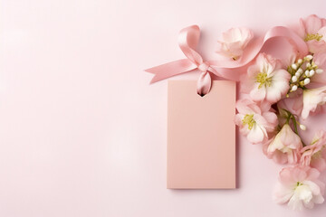 Mock up of a cute beautiful birthday blank rectangle gift tag (to place text) with ribbon