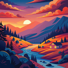 Lush Alpine Scene With Green Valleys, A Crystal Clear River Sparkling Under The Sun, Steep Snow-Topped Mountains, Dense Coniferous Forests, And Puffy White Clouds Floating Against A Vibrant Blue Sky © Akas