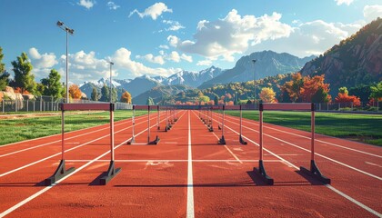Obraz premium Clear Athletic Track with Hurdles Under Bright Blue Sky