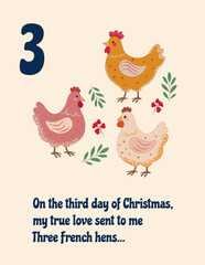 Playful illustration of three French hens with festive foliage, celebrating the third day of the Christmas carol. Vector art.
