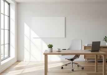 Fototapeta premium Sunlit minimalist workspace with blank canvas providing an opportunity for creative office inspiration