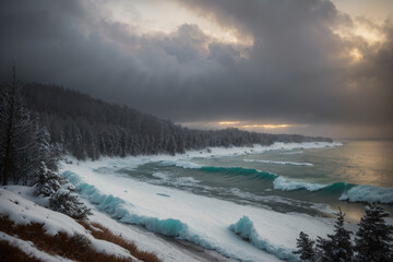 beautiful landscape of sea and forest in winter, beautiful nature
