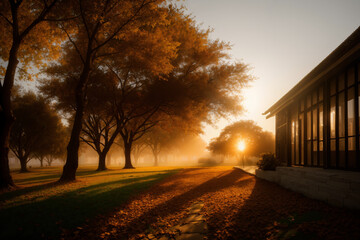 beautiful landscape of autumn forest at sunset, yellow trees and sunlight