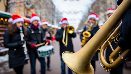 Street brass band in Santa hats performing festive Christmas music at holiday market, joyful outdoor concert, group of musicians, winter celebration, real people, copy space