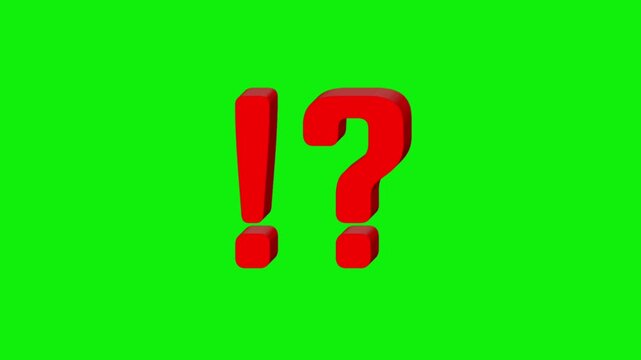 3d animated exclamation mark, red exclamation mark and question mark green screen, alpha looping question emphatic exclamation mark. 4k Video 
