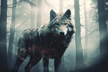 Wolf in the woods. Wild wolf and forest, double exposure