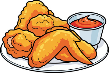 Crispy Fried Chicken Wings and Pieces on Plate Vector Illustration with Red Dipping Sauce, Cartoon Fast Food Snack