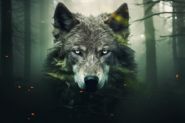 Wolf in the woods. Wild wolf and forest, double exposure