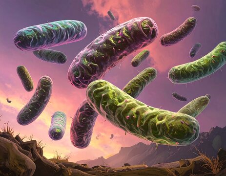 Floating bacteria against sunset