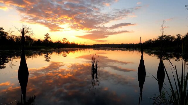 Serene swamp water reflections timelapse showing the sky's colors and clouds changing on the mirrored surface wetlands, landscape, bayou