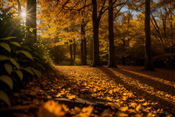 beautiful landscape of autumn forest at sunset, yellow trees and sunlight