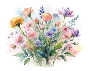 Watercolor Wildflower Bunch in Pastel Colors 