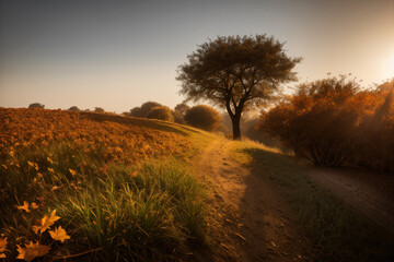 beautiful landscape of autumn forest at sunset, yellow trees and sunlight