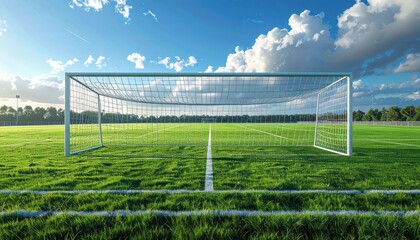 Bright Green Soccer Field with Goal Under Blue Sky and Clouds