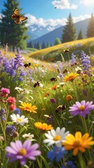 Fototapeta premium Serene Meadow with Colorful Flowers and Butterflies Under Blue Sky