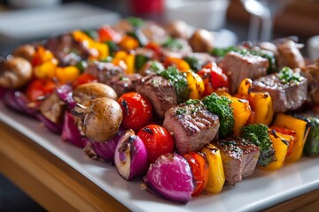 Delicious grilled vegetable and meat skewers, beautifully arranged on a platter, offering a colorful and healthy meal option.