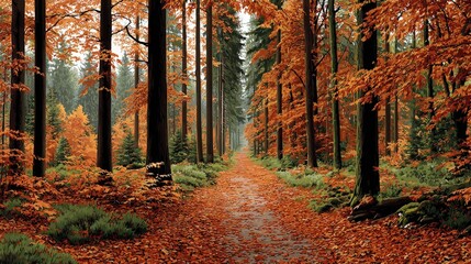 Obraz premium Autumn Forest Path with Orange Leaves