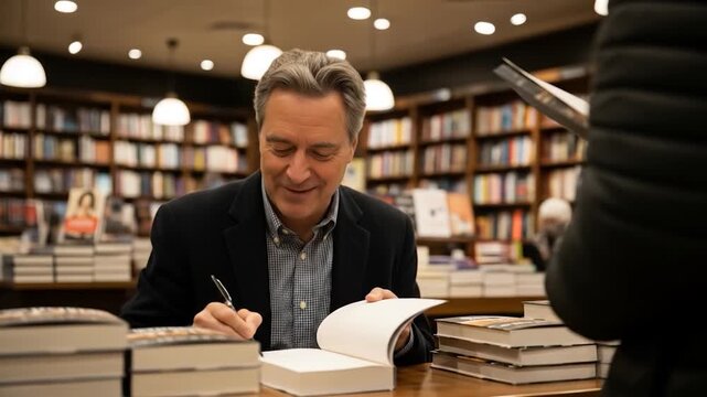 Author signing book at table in bookstore