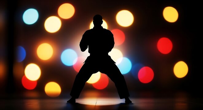 Silhouette martial artist practicing karate against bokeh light backdrop