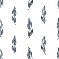 Seamless background with tree branches and leaves watercolor vertical black grainy texture on white hand drawn