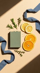 Natural soap bar, fresh orange and lemon slices, green herbs, and blue fabric ribbon arranged on a neutral background in sunlight. Flat lay, no text, no branding.