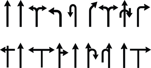 Traffic direction arrow vector set, road sign icons, intersection symbols, curved and U-turn indicators, infrastructure signage, black silhouette illustration