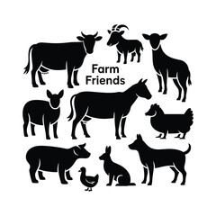 Farm Animals Silhouette Set | Cow, Goat, Sheep, Donkey, and Poultry Vector Illustration for Agriculture and Livestock Design
