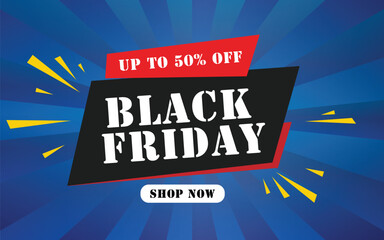 Vector art of black friday promotional banner with up to 50 off on a blue background featuring a dark gray rectangle with the words black friday