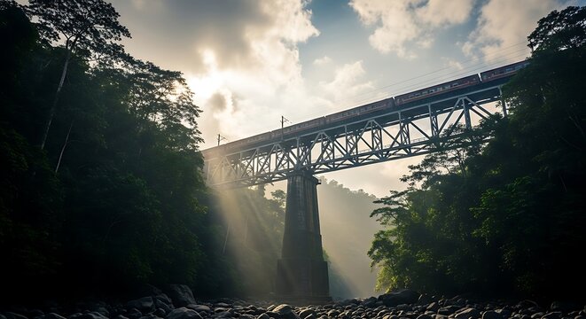 Cikubang Bridge in West Java, Indonesia, with sun rays shining through the structure.