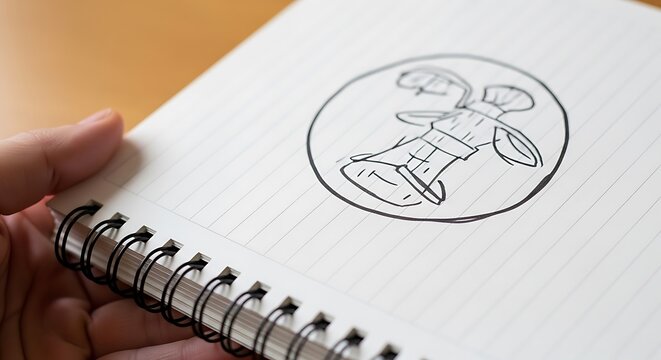 Sketchbook showing initial design concept of stylized rabbit character