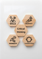 Hexagonal wooden blocks with icons and text labels, like communication skills 