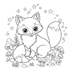 Cartoon fox with stars and mushrooms in forest scene on a white background. EPS 10.