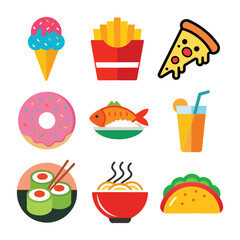 Colorful Flat Food Icons Set – Ice Cream, Pizza, Fries, Donut, Sushi, Taco, Noodles, Juice, Fish