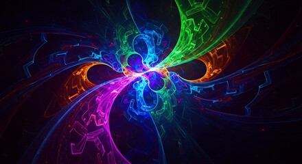 Abstract fractal design with vibrant colors and complex patterns against a dark background