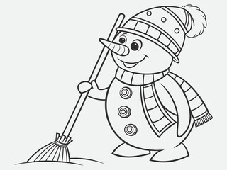 Black And White Coloring Page Outline Of A Snowman With A Broom line art illustration for a children's coloring book