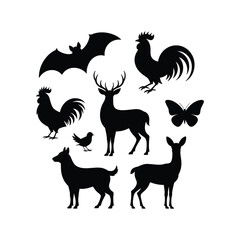 Animal Silhouette Vector Set – Bat, Rooster, Chick, Butterfly, Dog, Deer Black and White Collection