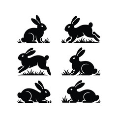 Rabbit Silhouette Vector Set – Black and White Bunny Poses on Grass Illustration