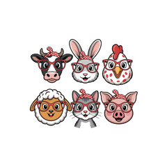 Cute Farm Animal Faces Set – Cow, Rabbit, Chicken, Sheep, Cat, Pig with Glasses Vector Illustration
