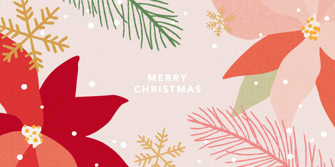 Fototapeta na wymiar Merry Christmas greeting card, banner, poster, cover. Modern beautiful Xmas art design with hand drawn Poinsettia flowers, holly berries, fir branches, snowflakes pattern and typography.